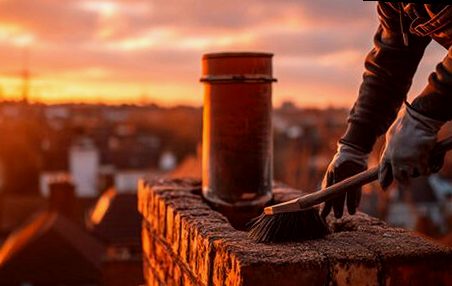 Chimney stack tended as dusk settles over the foothill rows